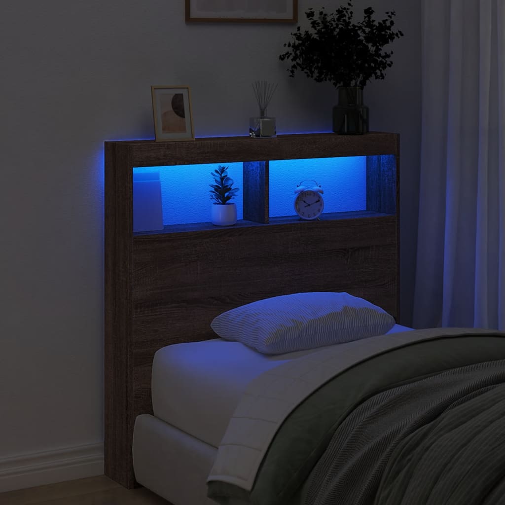 vidaXL Headboard Cabinet with LED Brown Oak 100x17x102 cm 4