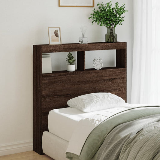vidaXL Headboard Cabinet with LED Brown Oak, a wooden headboard with two open shelves at the top