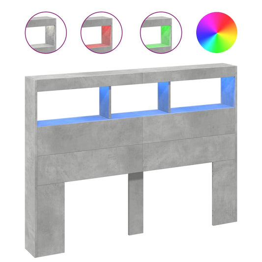 vidaXL Headboard Cabinet with LED Concrete Grey 140x17x102 cm 2