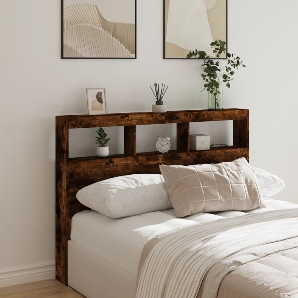 Headboard Cabinet with LED 140 x 17 x 102 cm Smoked oak