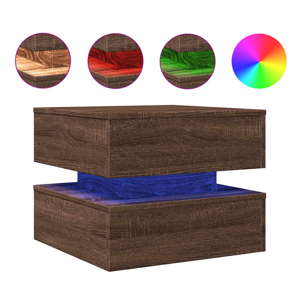 vidaXL Coffee Table with LED Lights Brown Oak 50x50x40 cm 2