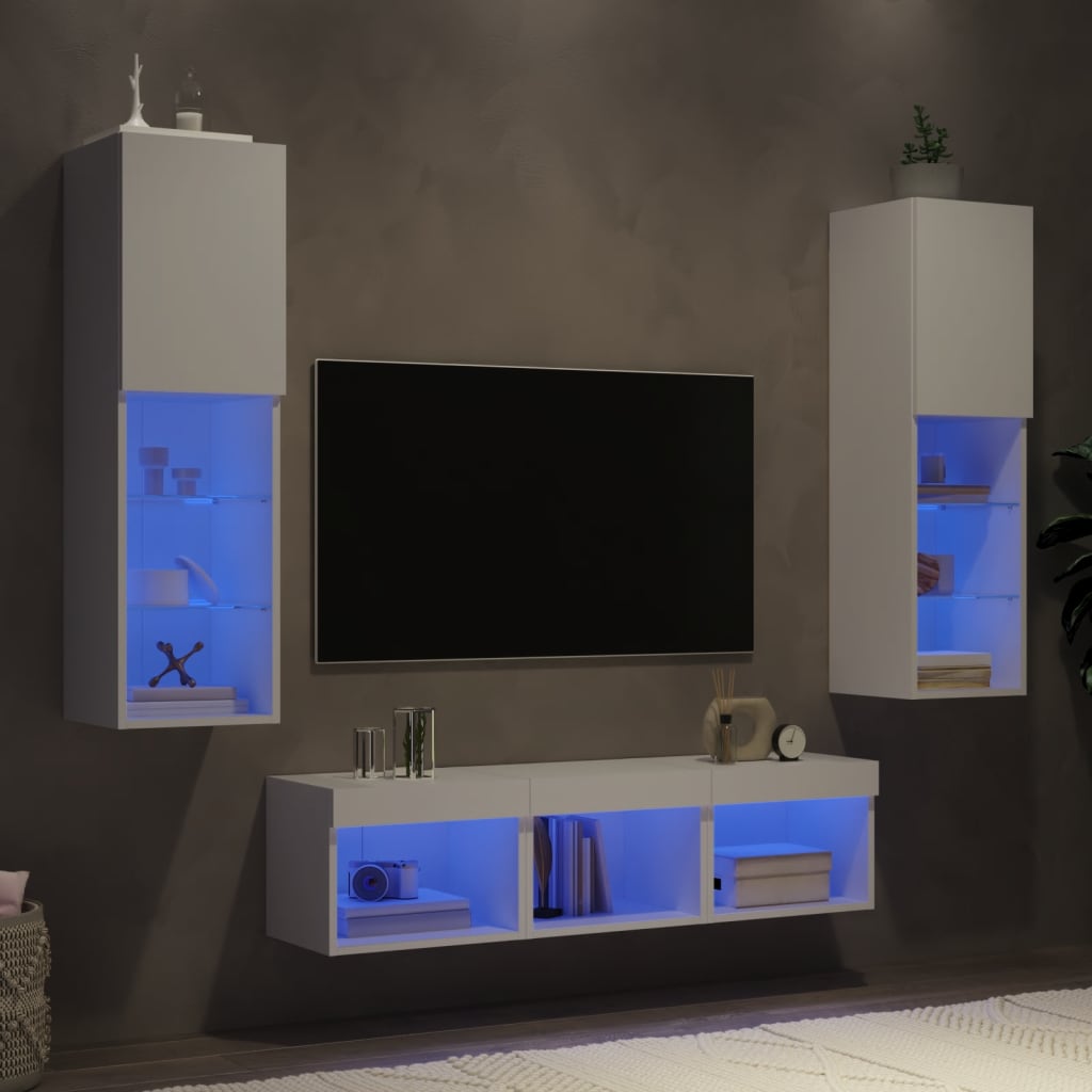 5 Piece TV Wall Units with LED Engineered Wood White