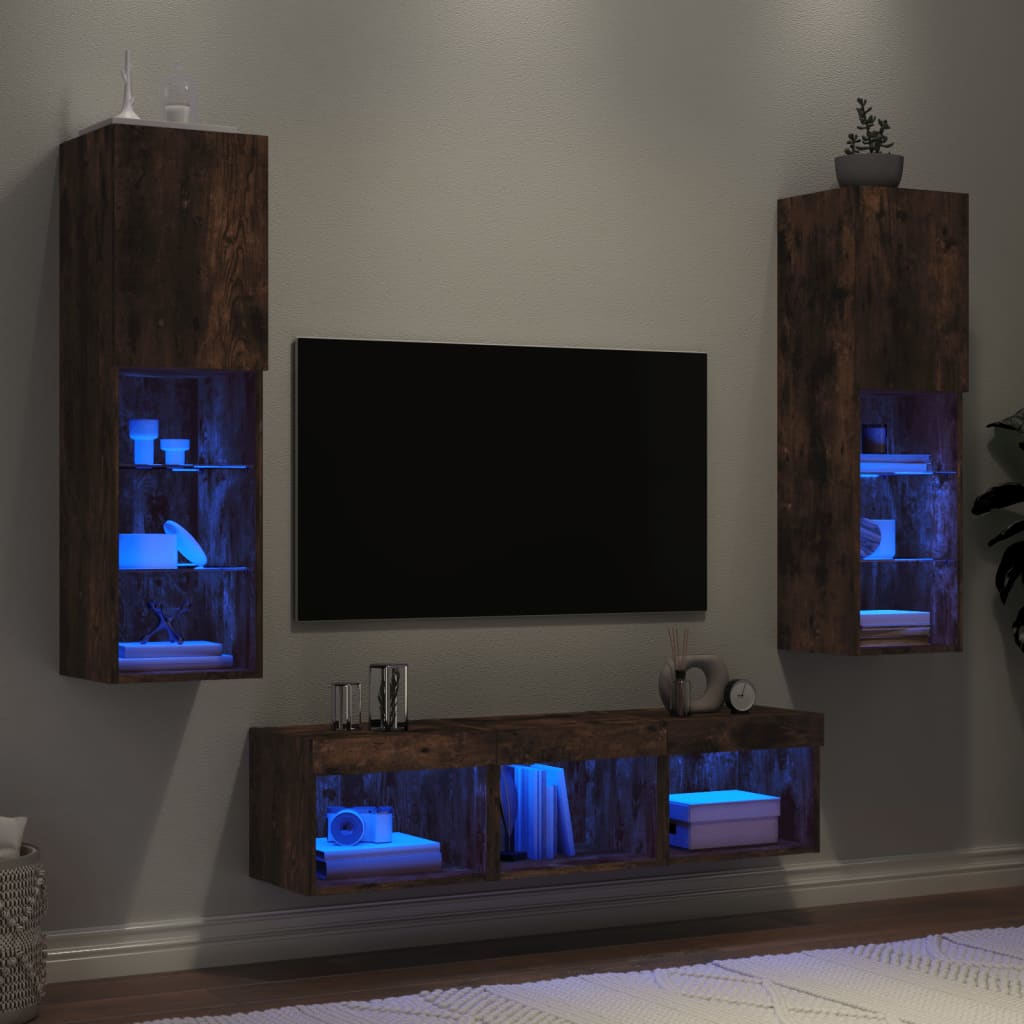 5 Piece TV Wall Units with LED Engineered Wood Smoked oak