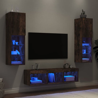 5 Piece TV Wall Units with LED Engineered Wood Smoked oak