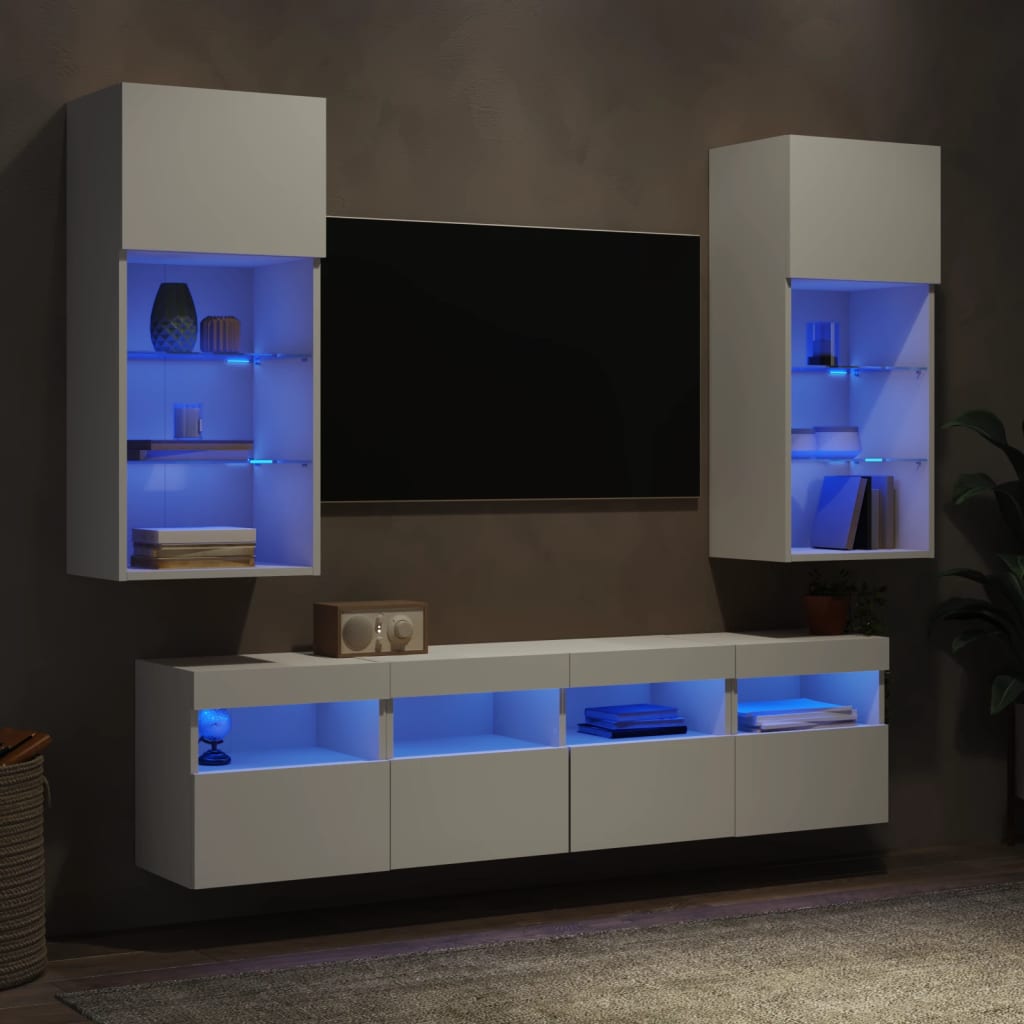 5 Piece TV Wall Units with LED Engineered Wood White