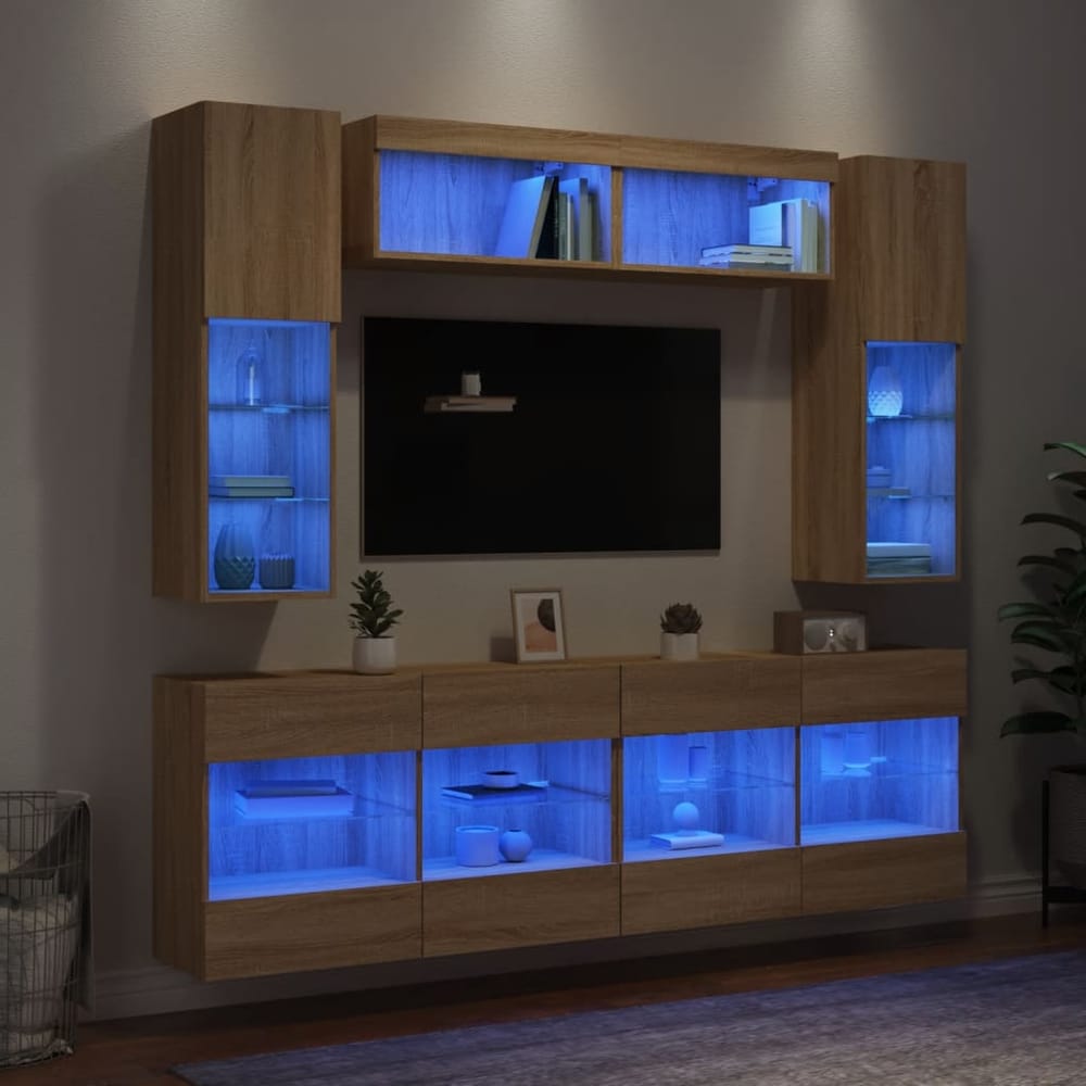 6 Piece TV Wall Cabinet Set with LED Lights Sonoma oak