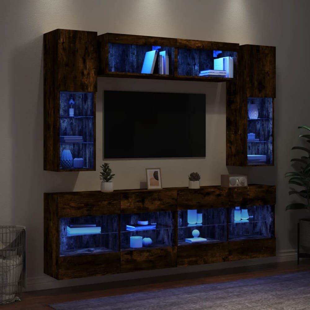 6 Piece TV Wall Cabinet Set with LED Lights Smoked oak