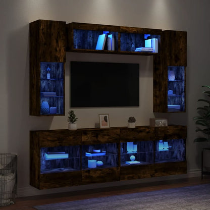 6 Piece TV Wall Cabinet Set with LED Lights Smoked oak
