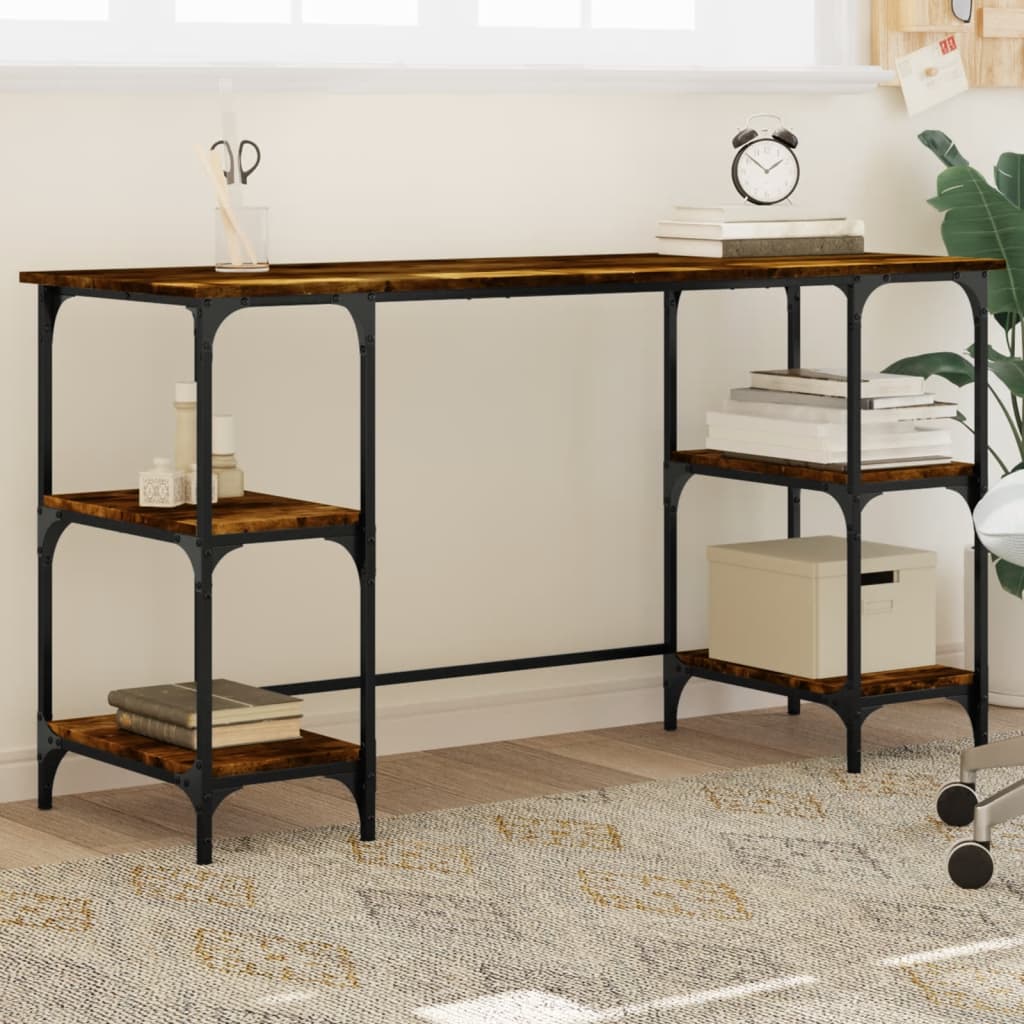 vidaXL Desk Smoked Oak 140x50x75 cm Metal and Engineered Wood 1