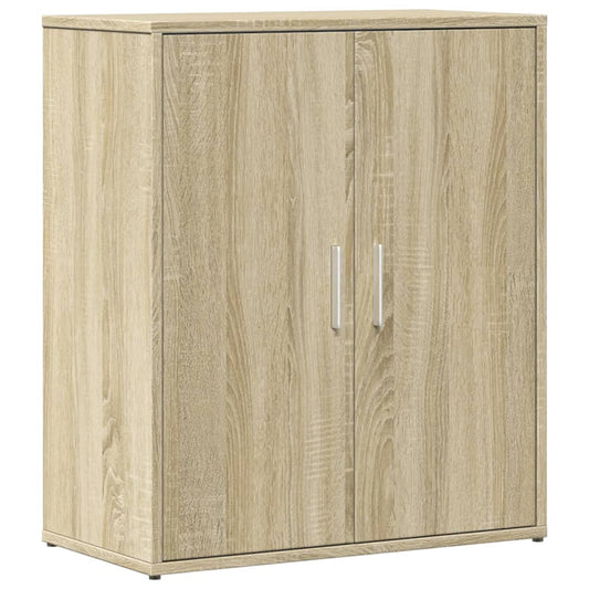 the wooden sideboard with two doors and silver handles against a plain white background