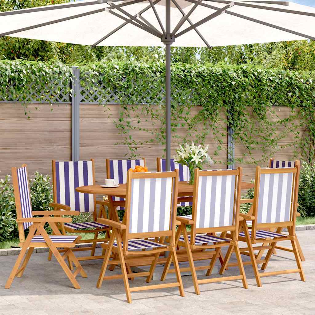 Reclining Folding Chairs Fabric and Solid Wood 8 pcs Blue and white