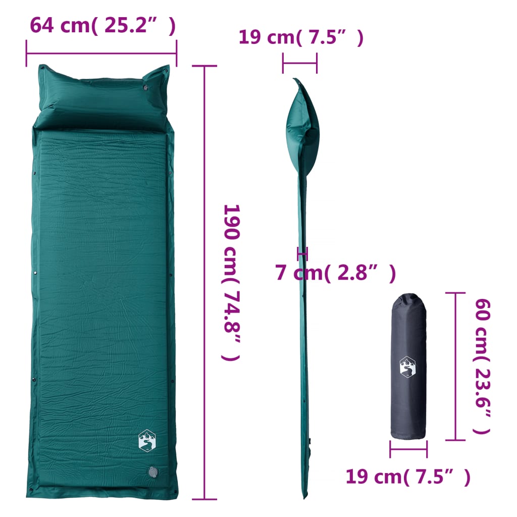 vidaXL Self Inflating Camping Mattress with Pillow 1-Person Green 6