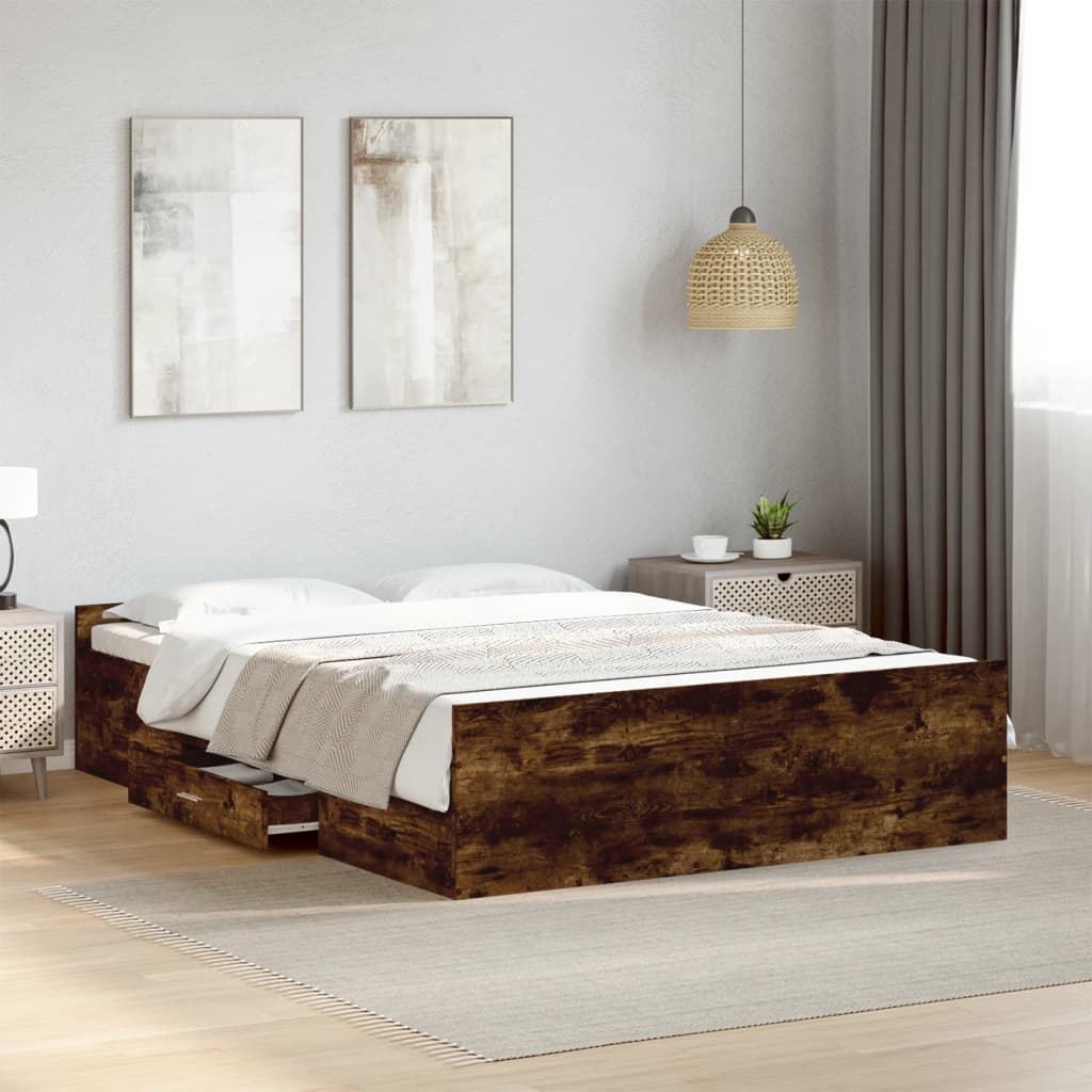 Bed Frame with Drawers without Mattress Length 190 cm Smoked oak 135 cm