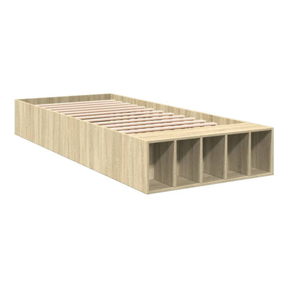 Single bed frame with storage cubbies and slatted mattress base, wood effect