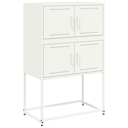 A white sideboard with four doors and a steel frame, shown from the front