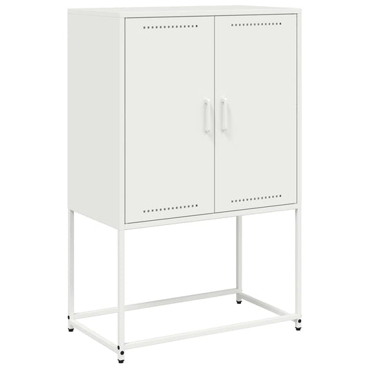 The white highboard with two doors and a metal frame on a plain background