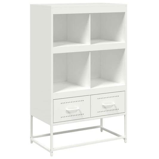 White highboard with open shelving and two drawers, standing on metal legs