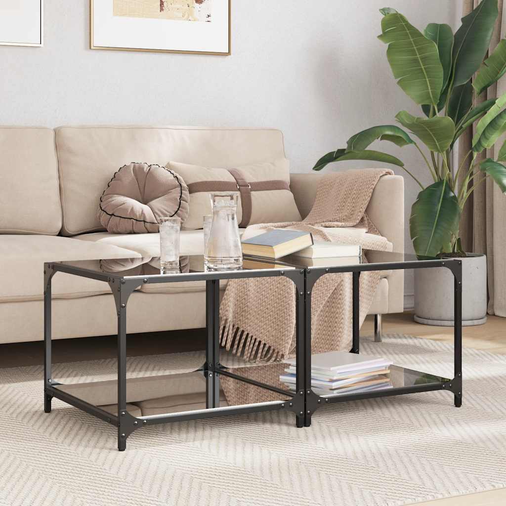 vidaXL Coffee Tables with Black Glass Top 2 pcs 50x50x40 cm Steel 1