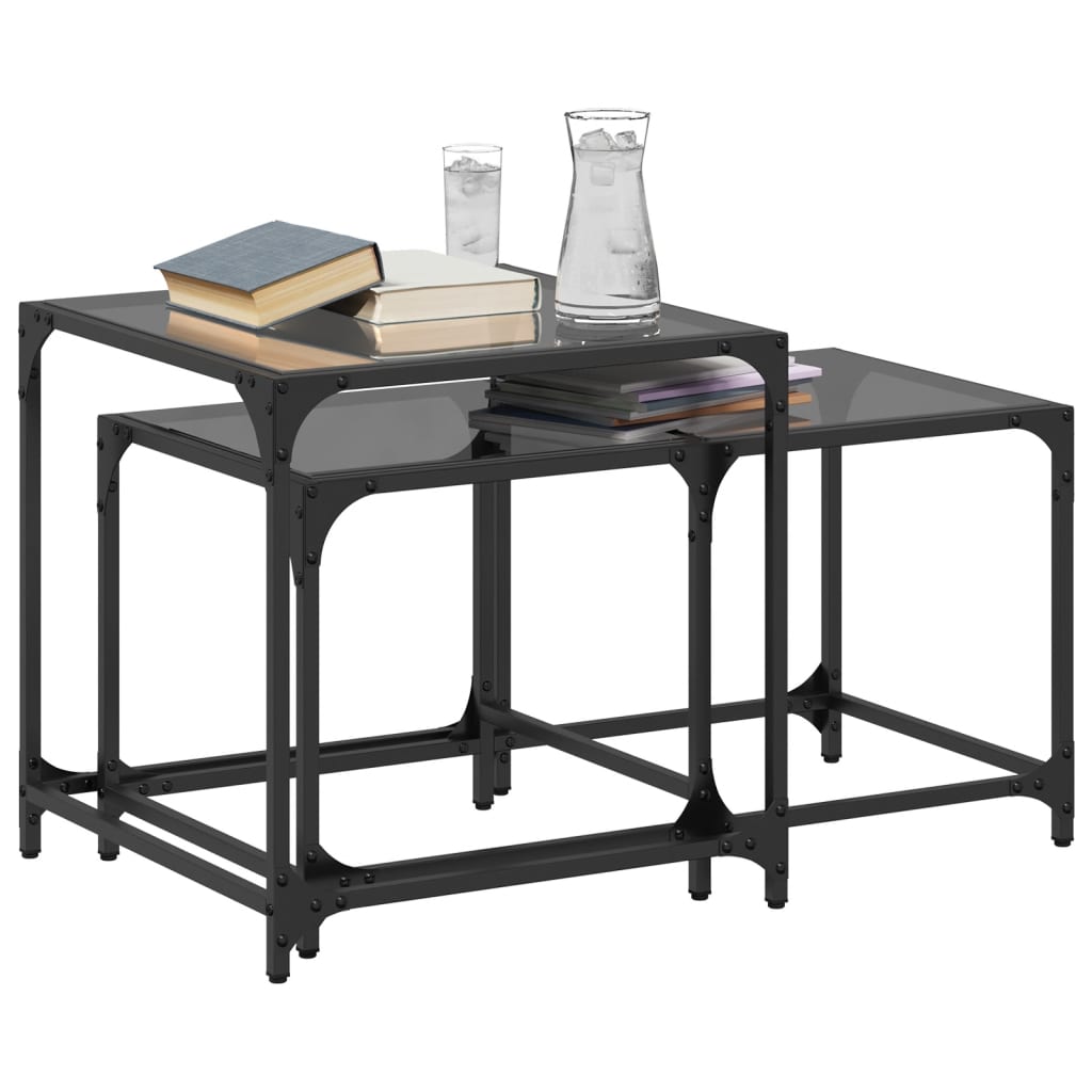 vidaXL Nesting Coffee Tables 2 pcs with Black Glass Top Steel 3