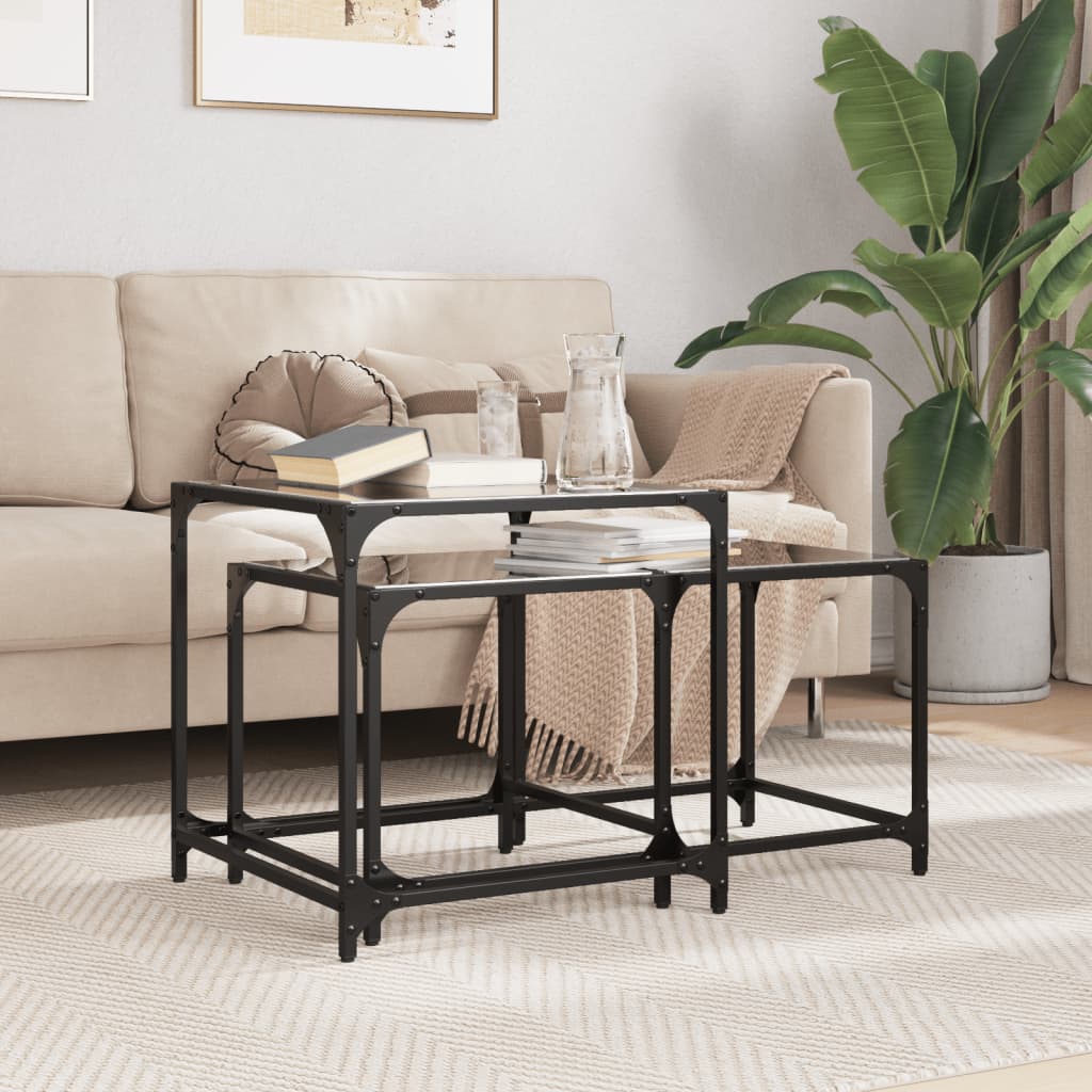 vidaXL Nesting Coffee Tables 2 pcs with Black Glass Top Steel 1