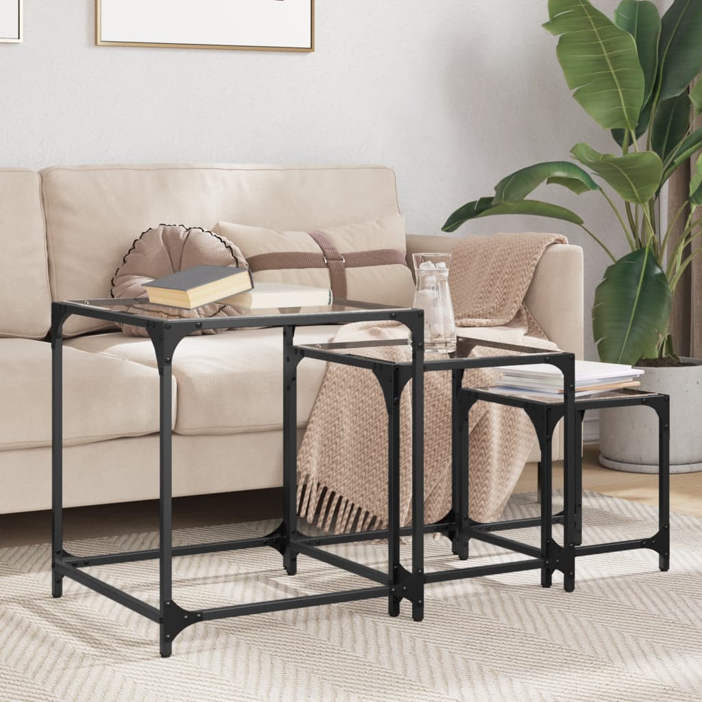 vidaXL Nesting Coffee Tables 3 pcs with Transparent Glass Top Steel 1