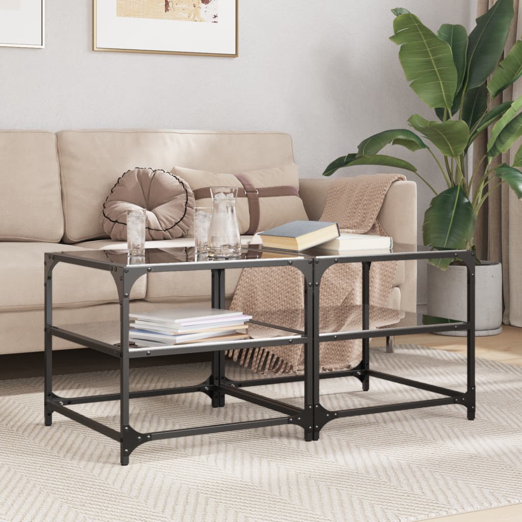 vidaXL Coffee Tables with Black Glass Top 2 pcs 50x50x45 cm Steel 1