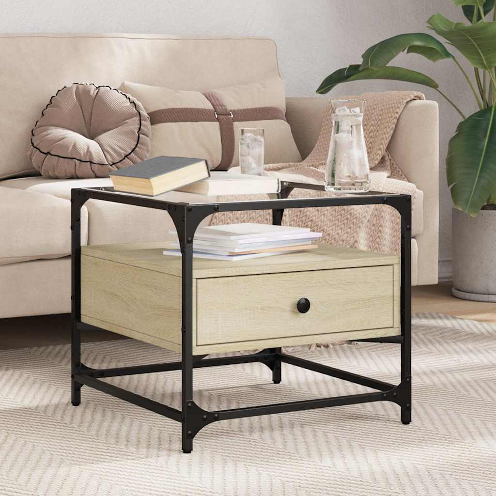 vidaXL Coffee Table with Glass Top Sonoma Oak 50x50x45 cm Steel 1