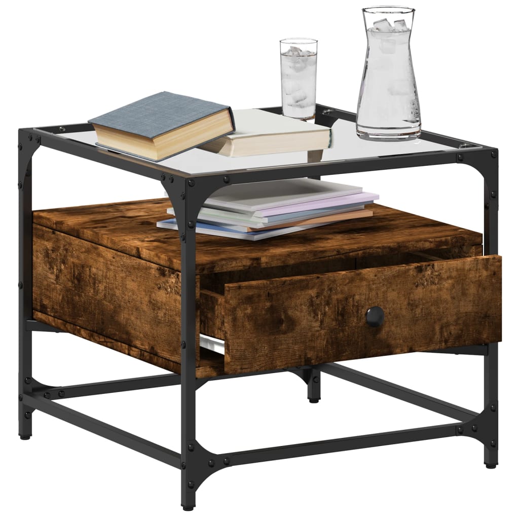 vidaXL Coffee Table with Glass Top Smoked Oak 50x50x45 cm Steel 3