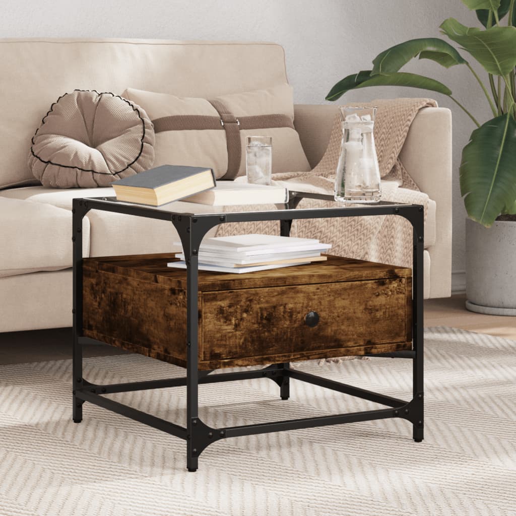 vidaXL Coffee Table with Glass Top Smoked Oak 50x50x45 cm Steel 1