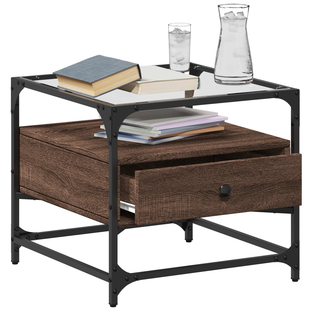 vidaXL Coffee Table with Glass Top Brown Oak 50x50x45 cm Steel 3