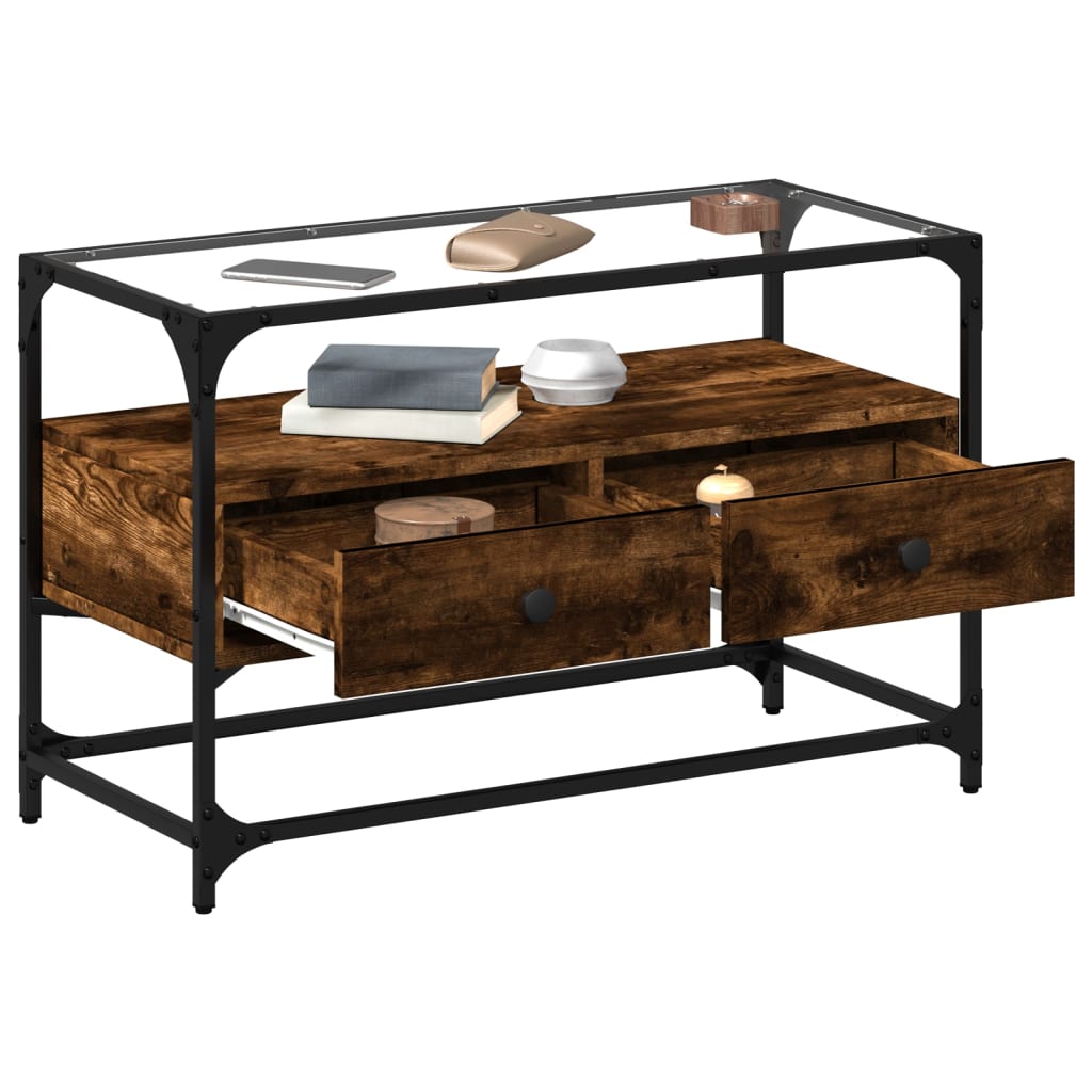 vidaXL TV Cabinet with Glass Top Smoked Oak 80x35x51 cm Engineered Wood 3