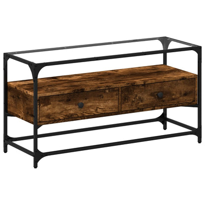 vidaXL TV Cabinet with Glass Top Smoked Oak 98x35x51 cm Engineered Wood 2