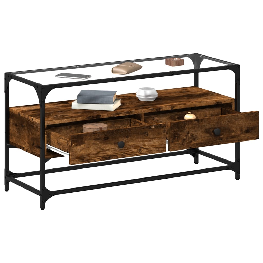 vidaXL TV Cabinet with Glass Top Smoked Oak 98x35x51 cm Engineered Wood 3