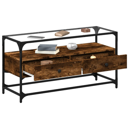vidaXL TV Cabinet with Glass Top Smoked Oak 98x35x51 cm Engineered Wood 3