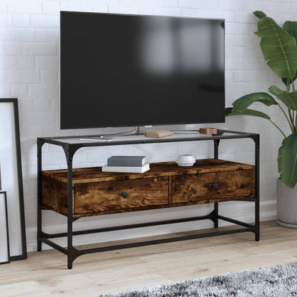 vidaXL TV Cabinet with Glass Top Smoked Oak 98x35x51 cm Engineered Wood 1