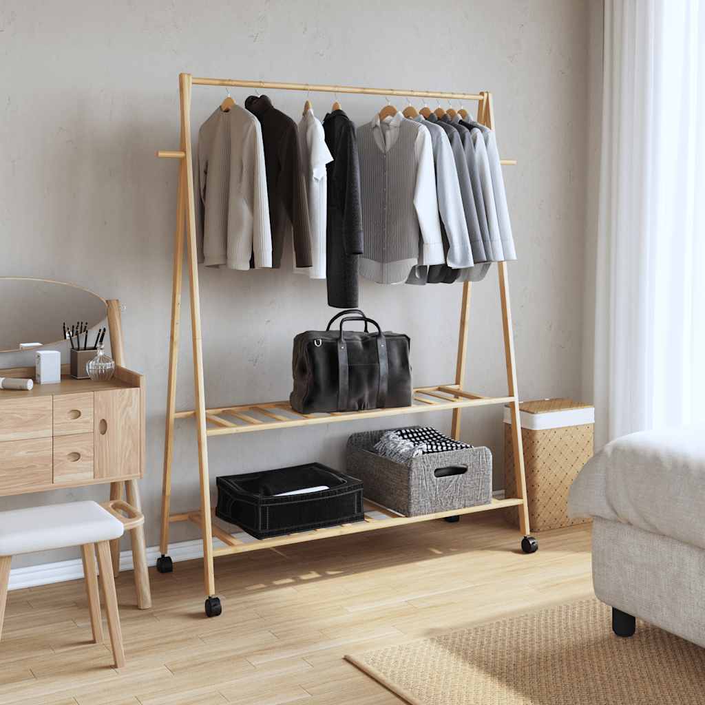 vidaXL Clothes Rack with Shelves and Wheels 132x45.5x155.5 cm Bamboo 2