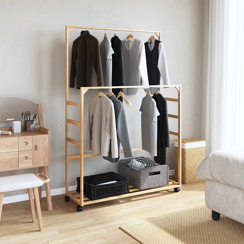 vidaXL Clothes Rack with Shelves and Wheels 90x35x155 cm Bamboo 1