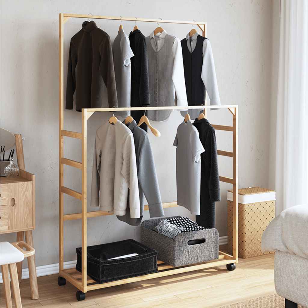vidaXL Clothes Rack with Shelves and Wheels 90x35x155 cm Bamboo 3