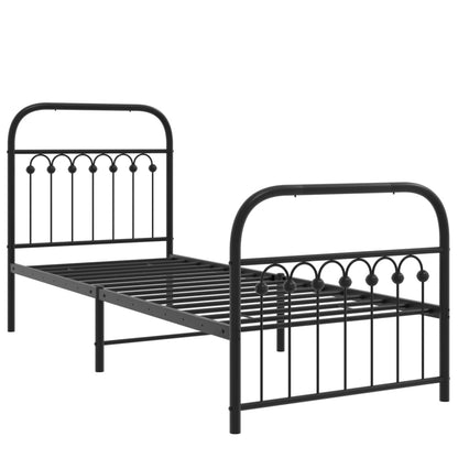 The metal bed frame without a mattress or bedding shown from the side