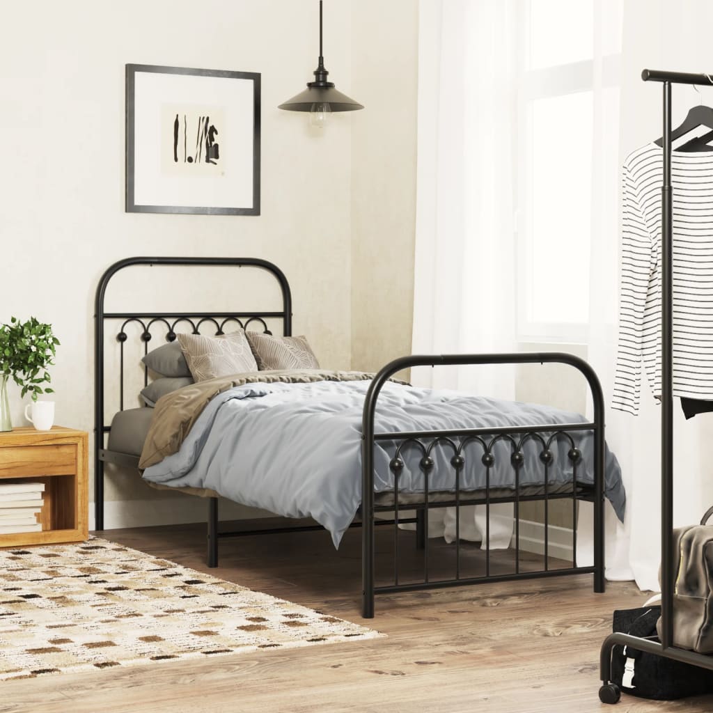 vidaXL Metal Bed Frame without Mattress with Footboard Black set up with bedding in a bedroom