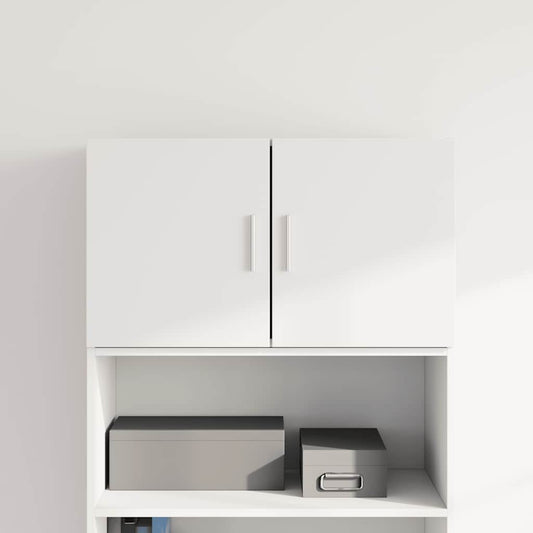 vidaXL Wall Cabinet White Engineered Wood with two doors and silver handles, shown in a room setting