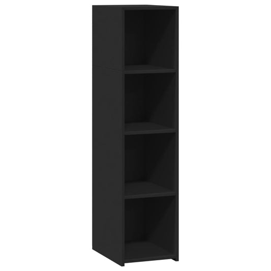 the tall black highboard with four open storage compartments viewed from a high angle