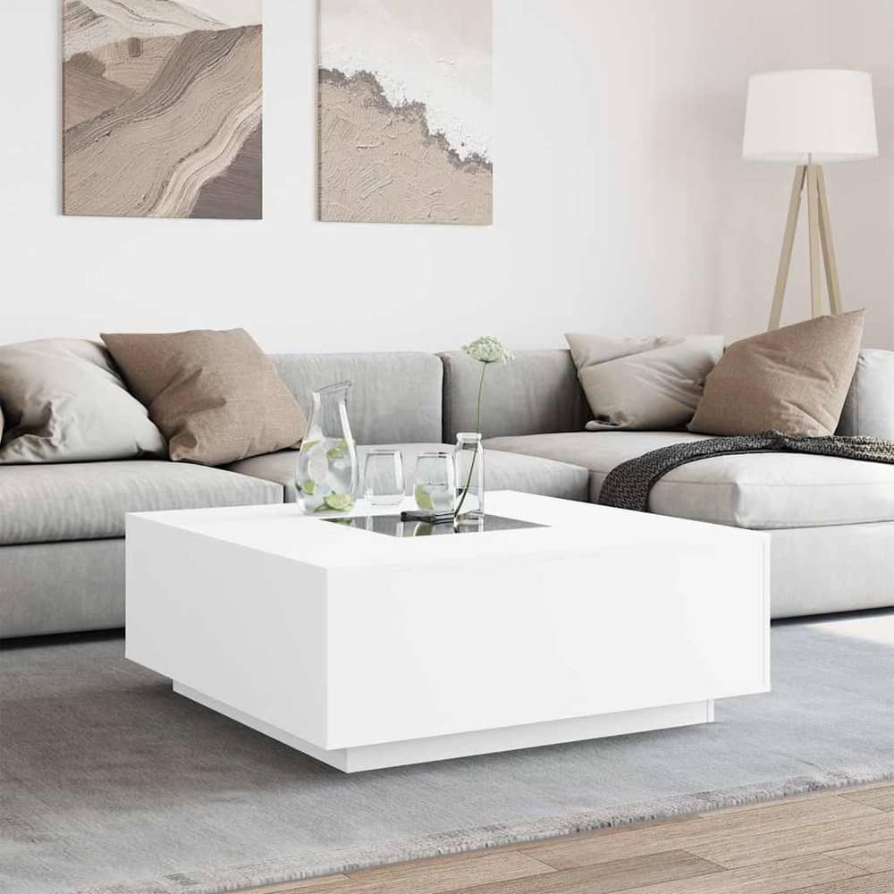 Coffee Table with LED Engineered Wood White 100 cm 100 cm