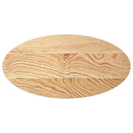 The oval wooden table top showing the natural wood grain pattern