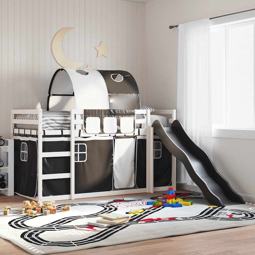 Bunk Bed without Mattress with Slide and Curtains White and black 90 cm