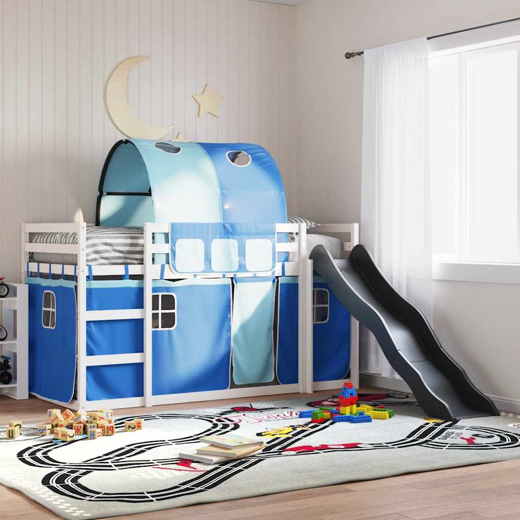 Bunk Bed without Mattress with Slide and Curtains White and blue 90 cm