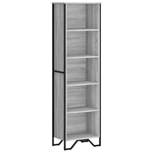 The tall grey wood effect shelving unit with black metal legs, shown empty