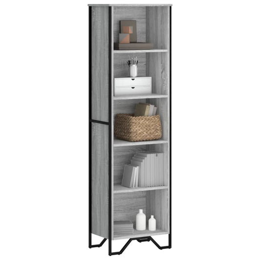 vidaXL Bookcase Grey Sonoma Engineered Wood, a tall grey wood effect shelving unit with black metal legs