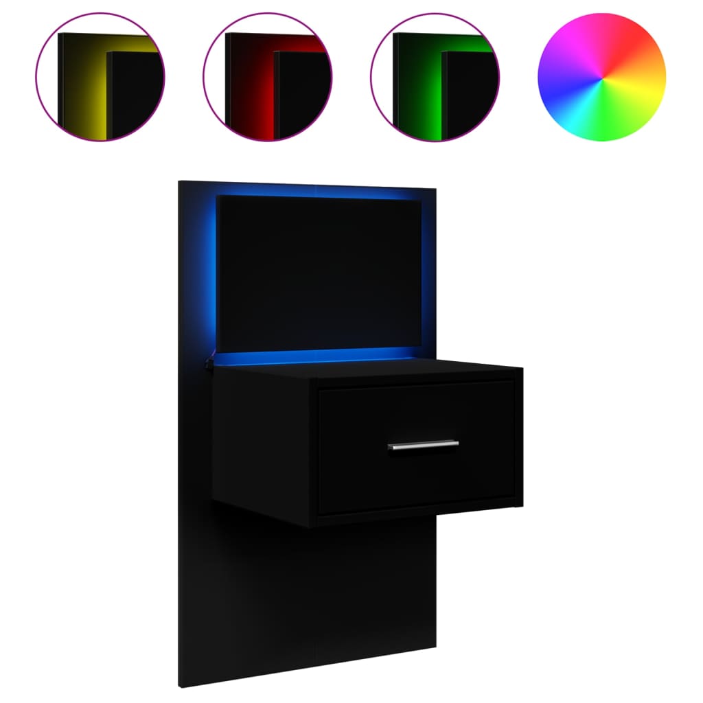 vidaXL Wall-mounted Bedside Cabinet with LED Lights Black 2