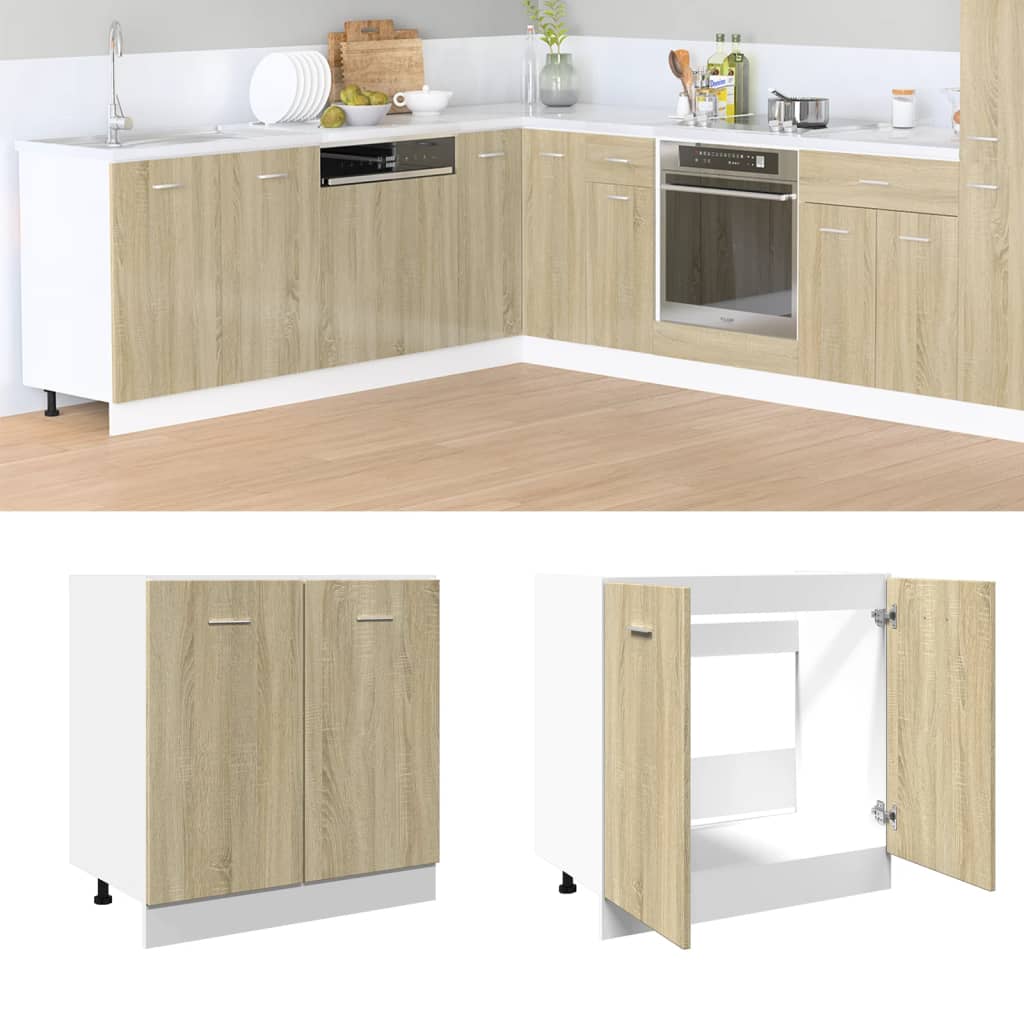 Kitchen Base Cabinet "Lyon" Engineered Wood Sonoma oak 1x bottom cabinet (1 door 1 drawer) 30–1x hanging cabinet (1 door) 30 cm wide 100 cm high 1x bottom cabinet (2 doors) 80 cm